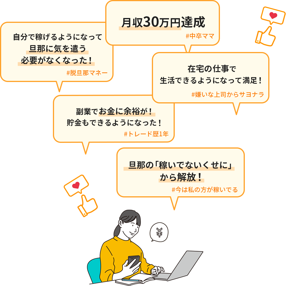 月収30万円達成！自分で稼げるようになって旦那に気を遣う必要がなくなった！在宅の仕事で生活できるようになって満足！副業でお金に余裕が！貯金もできるようになった！旦那の「稼いでないくせに」から解放！