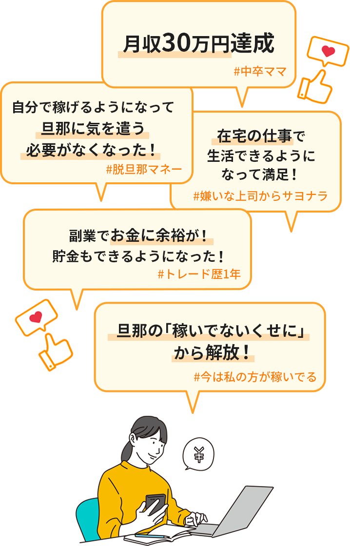 月収30万円達成！自分で稼げるようになって旦那に気を遣う必要がなくなった！在宅の仕事で生活できるようになって満足！副業でお金に余裕が！貯金もできるようになった！旦那の「稼いでないくせに」から解放！
